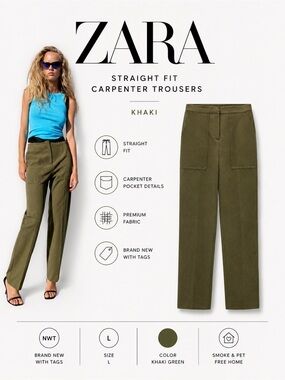 ZARA Khaki Straight Fit Carpenter Trousers Utility Pants NWT Size L
